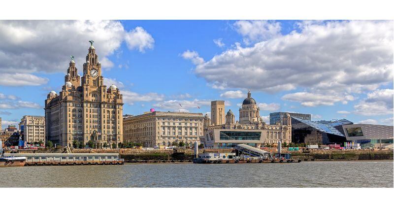 photograph of Liverpool city centre and water front with iconic Liver building at the forefront overlooking the river Mersey