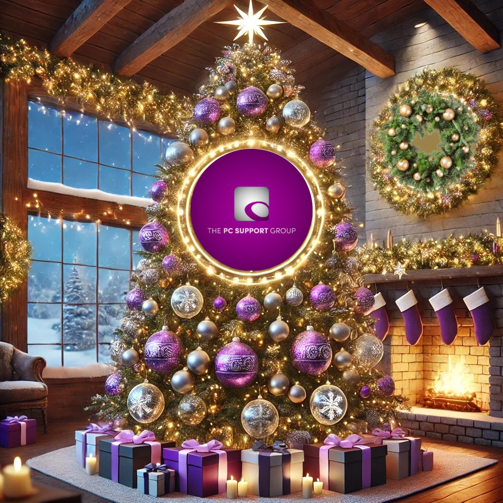 An indoor Christmas scene with a large gold and purple decorated tree in front of a roaring fire.  There are parcels scattered under the tree, and a huge bauble near the top of the tree with a purple bauble bearing a white The PC Support Group logo and the company name, also in white.  From the window behind the tree, we can see snow outside.